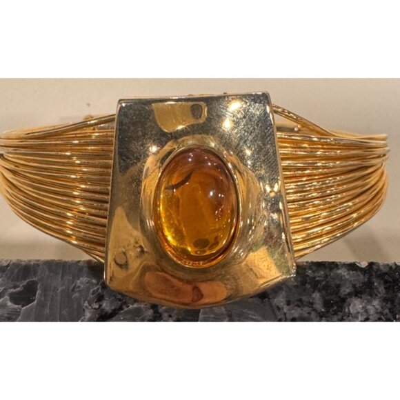 Vintage Gold Tone Choker & Bracelet Set With Amber Stone Accent Muti WIre - Picture 5 of 6